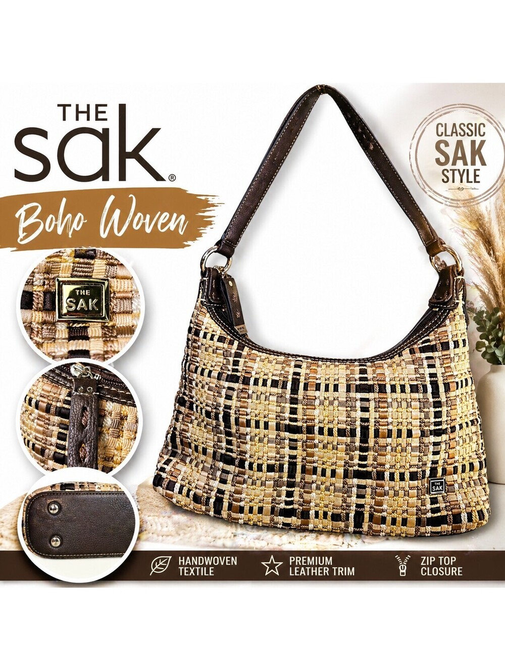 The Sak Brown Trim Hobo Handbag Woven Tan Shoulder Bag